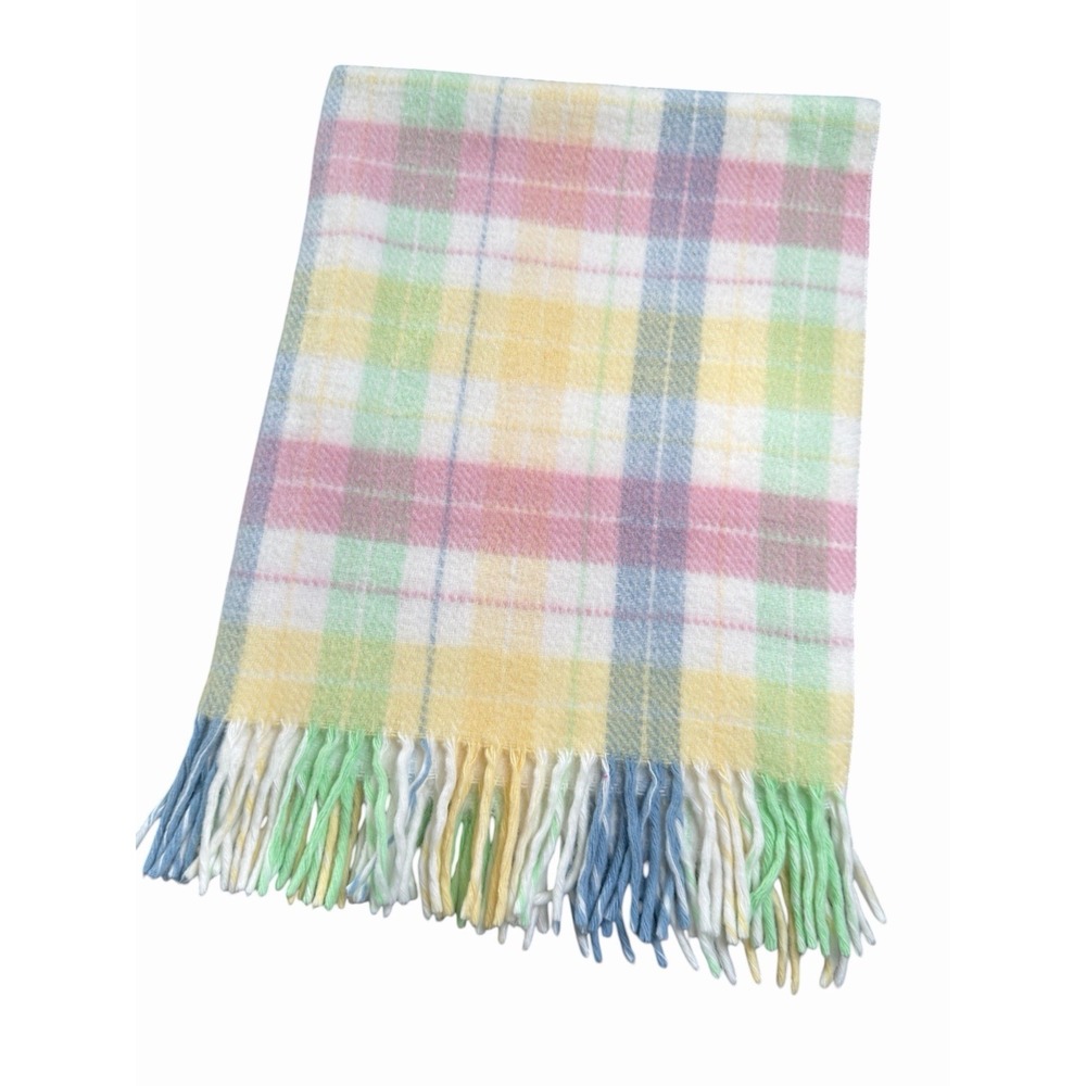 Vintage Baby Blanket Acrylic  Pastel Plaid‎ Thick Fringe Pink Blue Yellow Green